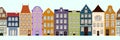 Seamless Border of Cute retro houses exterior. Collection of European building facades. Traditional architecture of