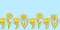 Seamless border with cute yellow flowers . Flat children s cartoon style. Festive vector illustration on a blue Royalty Free Stock Photo