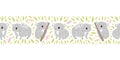 Seamless border with funny koalas. Cute koalas, dragonflies and leaves on a white background