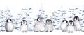 Seamless border with funny penguins on snowy forest background. Royalty Free Stock Photo