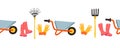 Seamless Border Garden Tools. Spring Or Summer Gardening Repeating Pattern With Wheelbarrow, Rake, Rubber Boots, Gloves
