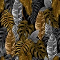 Seamless border with gold tropical leaves, interior wallpaper. Vector