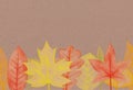 Seamless border with hand drawn yellow, red autumn leaves with a rough texture