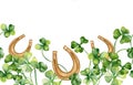 Seamless border with horseshoe and clover watercolor illustration isolated on white background. Painted green four Royalty Free Stock Photo