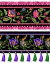 Seamless border with Indian ethnic ornament and fringes. Folk flowers and leaves for print or embroidery. Vector illustration. Royalty Free Stock Photo