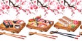 Seamless border japanese food on board and sakura blossom branch watercolor