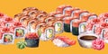 Seamless border with japanese food sushi elements watercolor orange