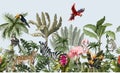 Seamless border with jungle animals, flowers and trees. Vector.