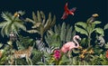 Seamless border with jungle animals, flowers and trees. Vector. Royalty Free Stock Photo