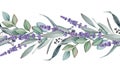 Seamless border from lavender and eucalyptus watercolor illustration. Natural organic herbs mixed in elegant ornament.