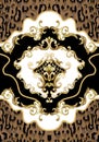 Seamless border with leopard skin and golden baroque elements. Vector.