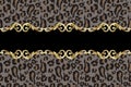 Seamless border with leopard skin and golden baroque elements. Vector.