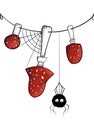 Seamless border line. Mushrooms on rope with web and spider. Set of redcap fly agarics hanging on thread as garland with Royalty Free Stock Photo