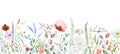 Seamless border made of watercolor wildflowers and leaves, wedding and greeting illustration