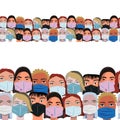 Seamless border with multinational crowd faces wearing protective mask