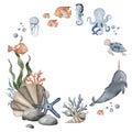 Seamless border of orca, jellyfish, narwhal, seahorse, coral and seaweed algae. Hand drawn watercolor illustration