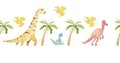 Seamless Border Ornament Dinosaurs Palm Trees Pterodacteli Diplodocus Saurolophus Cute Children's Watercolor