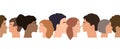 Seamless border pattern of different people profile heads. Humans of different gender, ethnicity, and color. Vector Royalty Free Stock Photo