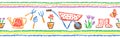 Seamless border, pattern or frame funny doodle gardening tools set.