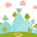 Seamless border pattern with mountain hilly landscape with foliar plants and trees. Scandinavian style. Environmental protection,