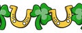 Seamless border, pattern. A set of four-leaf clover leaves with a golden horseshoe. Happy St. Patrick's Day. Royalty Free Stock Photo