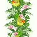 Seamless border pineapple and banana tropical fruit and orchids Cymbidium with tropical leaves of banana ficus,palm,philodendron