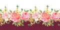 Seamless border of pink English roses and sprigs of forsythia, watercolor nabordovom background with polka dots