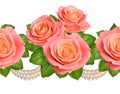 Seamless border with Pink rose and pearls. Isolated on white background Royalty Free Stock Photo