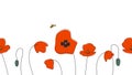 Seamless border of poppies hand drawn in simplified children cartoon naive style on white background.Cute bee sitting on flower.