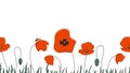 Seamless border of poppies hand drawn in simplified children cartoon naive style on white background.Cute bee sitting on flower. Royalty Free Stock Photo