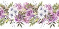 Seamless border with purple roses and anemones. Hand-drawn watercolor illustration