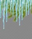Seamless border with realistic firtree and icicles over transparent background. Design template for merry christmas Royalty Free Stock Photo