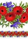 Seamless border with red gerbera and iris flowers. Isolated Royalty Free Stock Photo