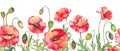 Seamless border with red poppy flowers. Watercolor floral illustration.