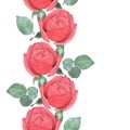 Seamless border of red roses. Watercolor illustration. Hand-drawing