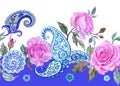 Seamless border with roses and paisley pattern, watercolor decor.