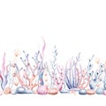 Seamless border of sea cartoon animals. Blue watercolor ocean fish, turtle, whale and coral. Shell aquarium dolphin, crab octopus Royalty Free Stock Photo