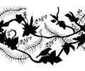 Seamless border with silhouettes of tropical birds, plants and flowers. Exotic flora and fauna. Royalty Free Stock Photo