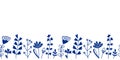 Seamless border of spring or summer forest and meadow plants, flowers. Silhouettes and contours of blue plants. Hand Royalty Free Stock Photo