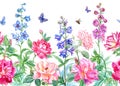 Seamless border of summer flowers: roses and delphinium with flying butterflies Royalty Free Stock Photo