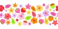 Seamless border summer fruit flower border. Repeating cute floral horizontal kids vector background Scandinavian style. Abstract