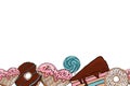 Seamless border with sweets donuts and cakes.