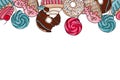 Seamless border with sweets donuts lollipop and cakes.