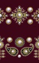 Seamless border from textile embroidered patches with sequins, beads and pearls. Vector illustration.