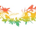 Seamless border with tropical birds, plants and flowers. Colorful grunge silhouettes with splashes in watercolor style.