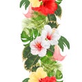 Seamless border tropical flowers  floral arrangement, with white red  yellow hibiscus and Brugmansia  palm,philodendron Royalty Free Stock Photo