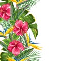 Seamless border with tropical leaves and flowers. Palms branches, bird of paradise flower, hibiscus Royalty Free Stock Photo