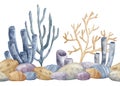 Seamless Border with Underwater Seabed and Coral reefs. Hand drawn Pattern on isolated background for banner or
