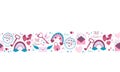 Seamless border of valentine's day symbols on white background. Valentines day flat icons in pink colors. Symbols of