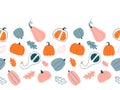 Seamless border with various pumpkins and autumn leaves. Autumn design in a simple hand-drawn style. Royalty Free Stock Photo